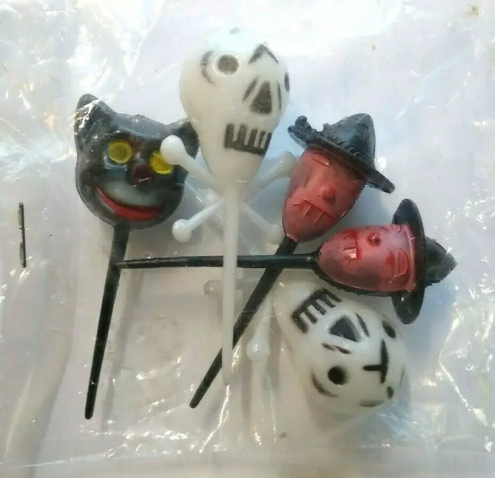 Vintage Halloween Plastic Cake Toppers Lot Of 5 Skulls Witches Black Cat NOS
